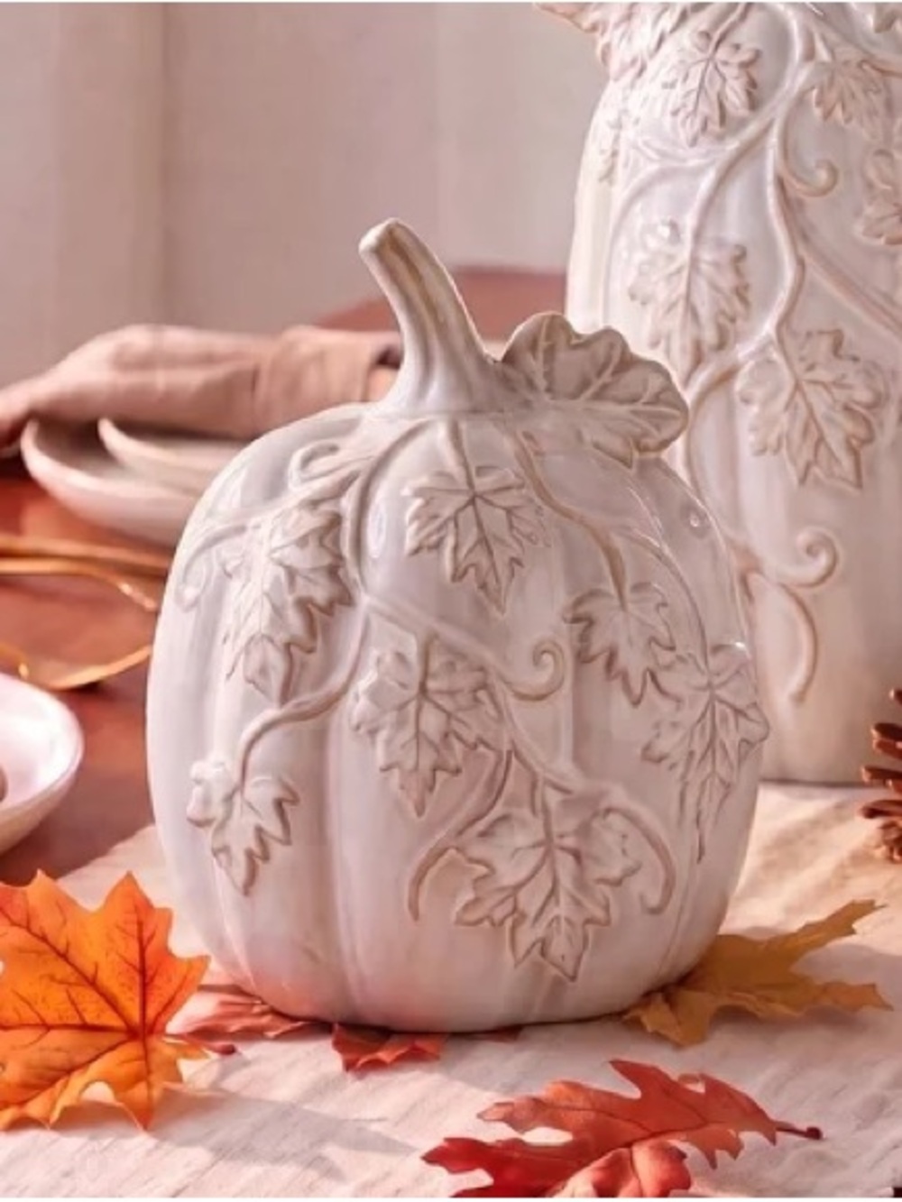 My Texas House Fall Small Ceramic Pumpkin with Vine Accents Decoration, White 7”